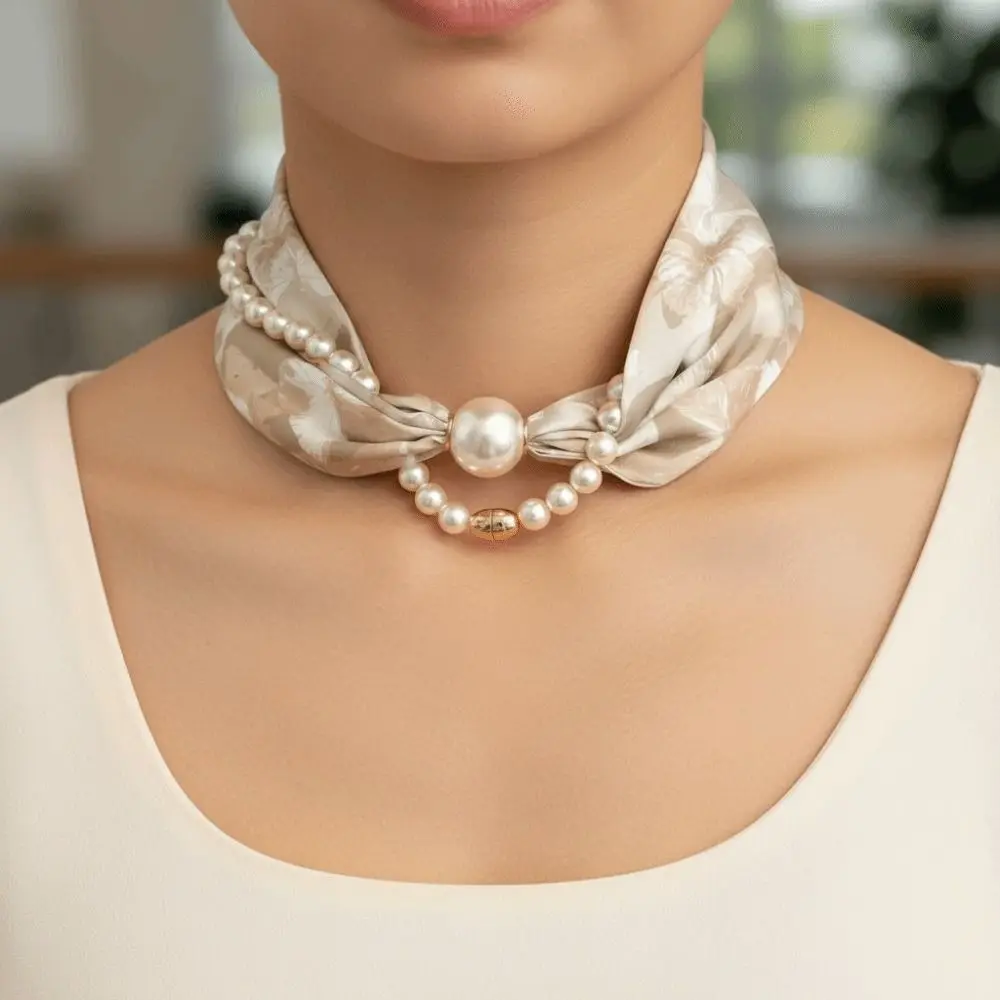 New Style Silk Material Magnetic Pearl Scarf Long Style Magnetic Buckle Neck Warmer Small Pearl Long Thin Shawl Women's Fashion