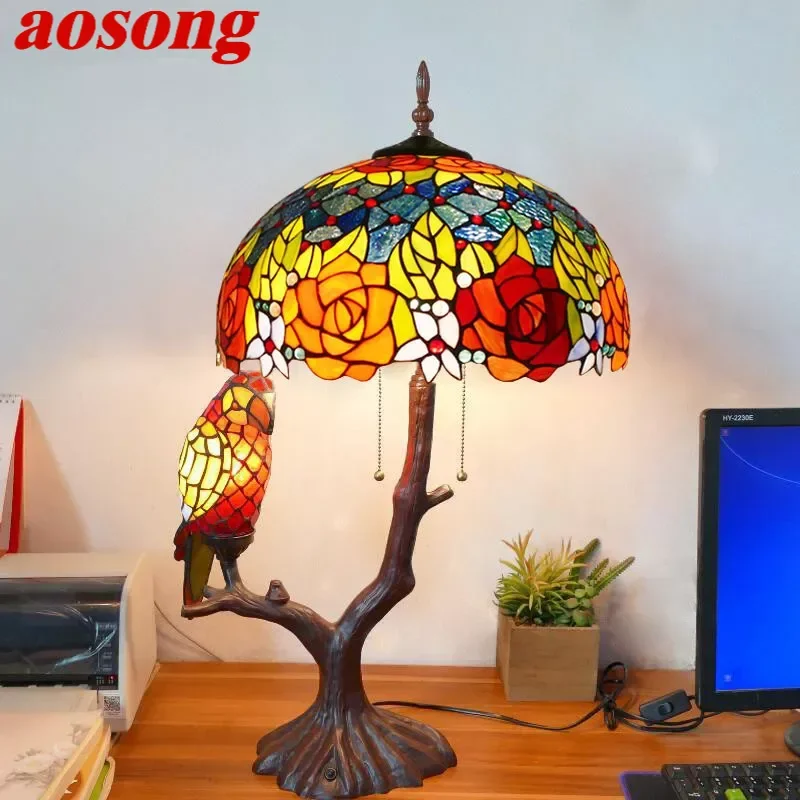 

AOSONG Tiffany Table Lamp American Retro Living Room Bedroom Lamp Luxurious Villa Hotel Stained Glass Desk Lamp