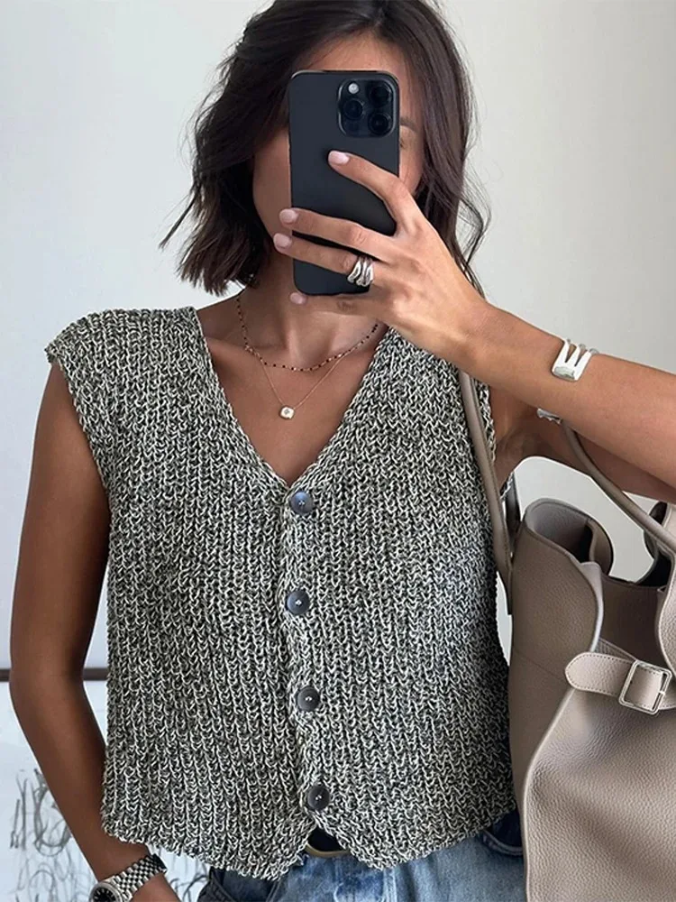 Top corto informal ajustado sin mangas con una hilera de botones y cuello en V para mujer, chaleco de punto elegante para mujer, prendas de vestir a la moda 2024