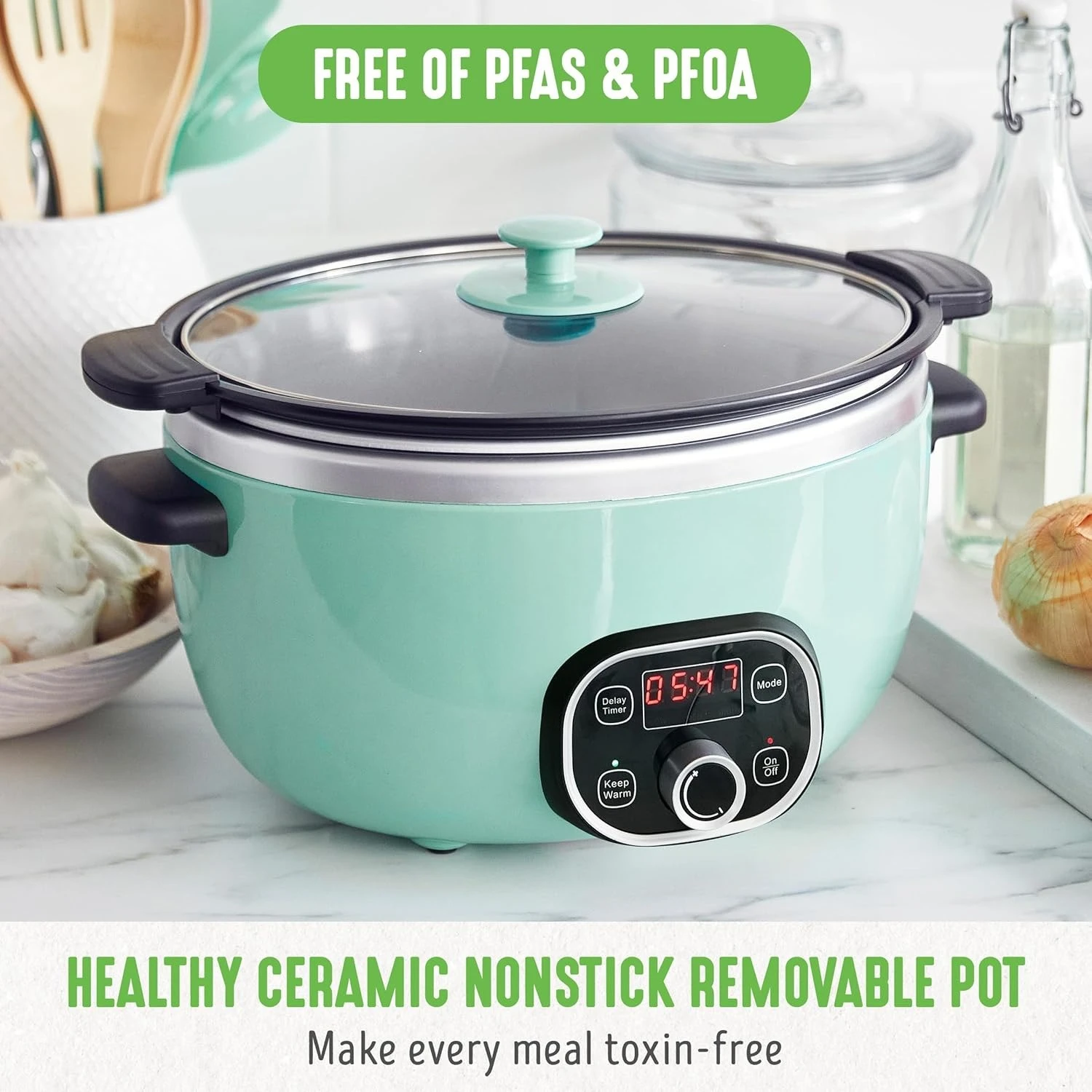 

6 Quart Ceramic Slow Cooker, PFAS-Free, Programmable, Removable Healthy Nonstick Pot for Family Meals, Sear on Stovetop