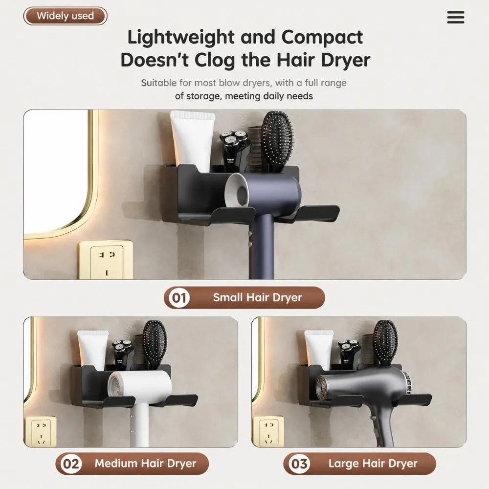 1Pc Punch-Free Hair Dryer Storage Rack Plastic White Black Grey Hair Dryer Bracket Wall Mounted Hair Straightener Holder