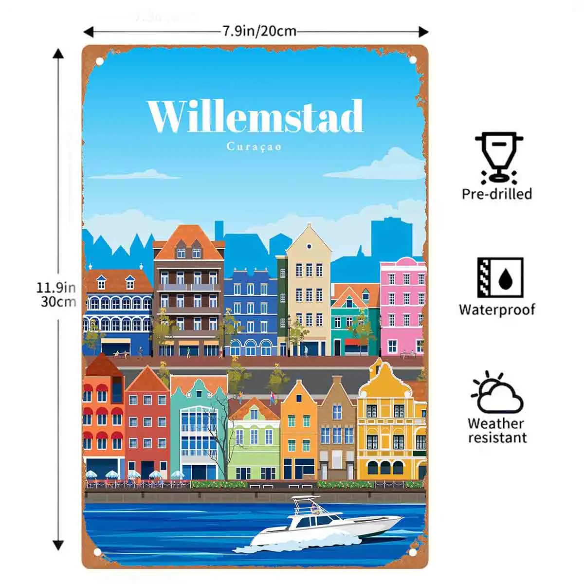 2D FLAT 1pc Willemstad Curacao Colorful Harbor Houses Metal Wall Sign Decoration for Home Cafe Garage Bedroom Porch And Garden