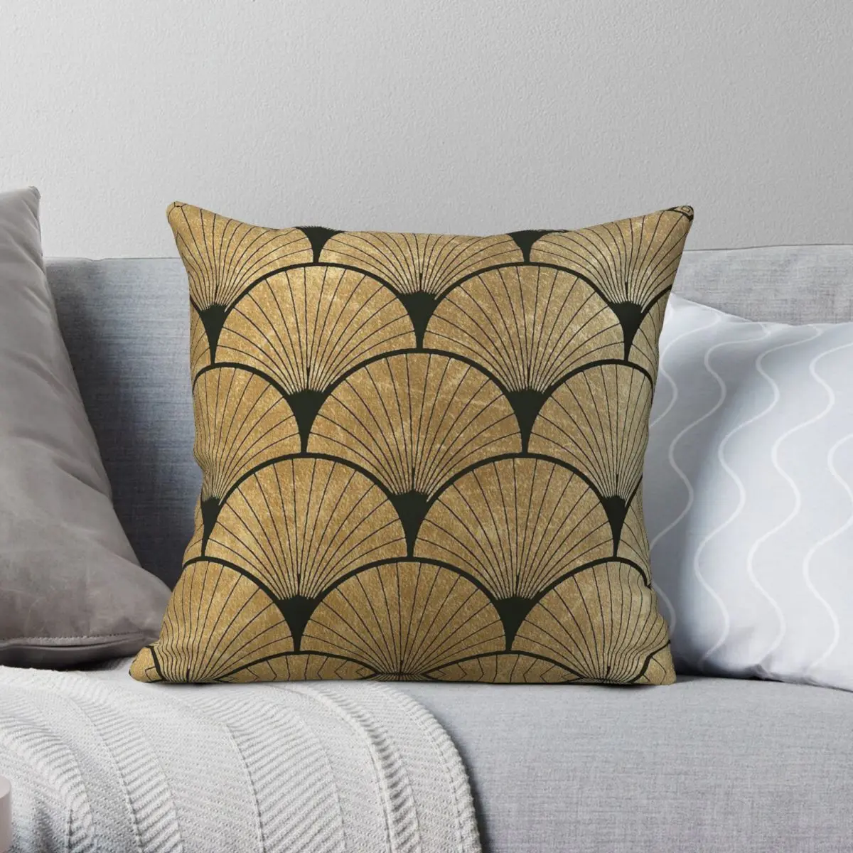 Art Deco Elegance Golden Fan Pillowcase Polyester Linen Velvet Printed Zip Decorative Pillow Case Room Cushion Cover