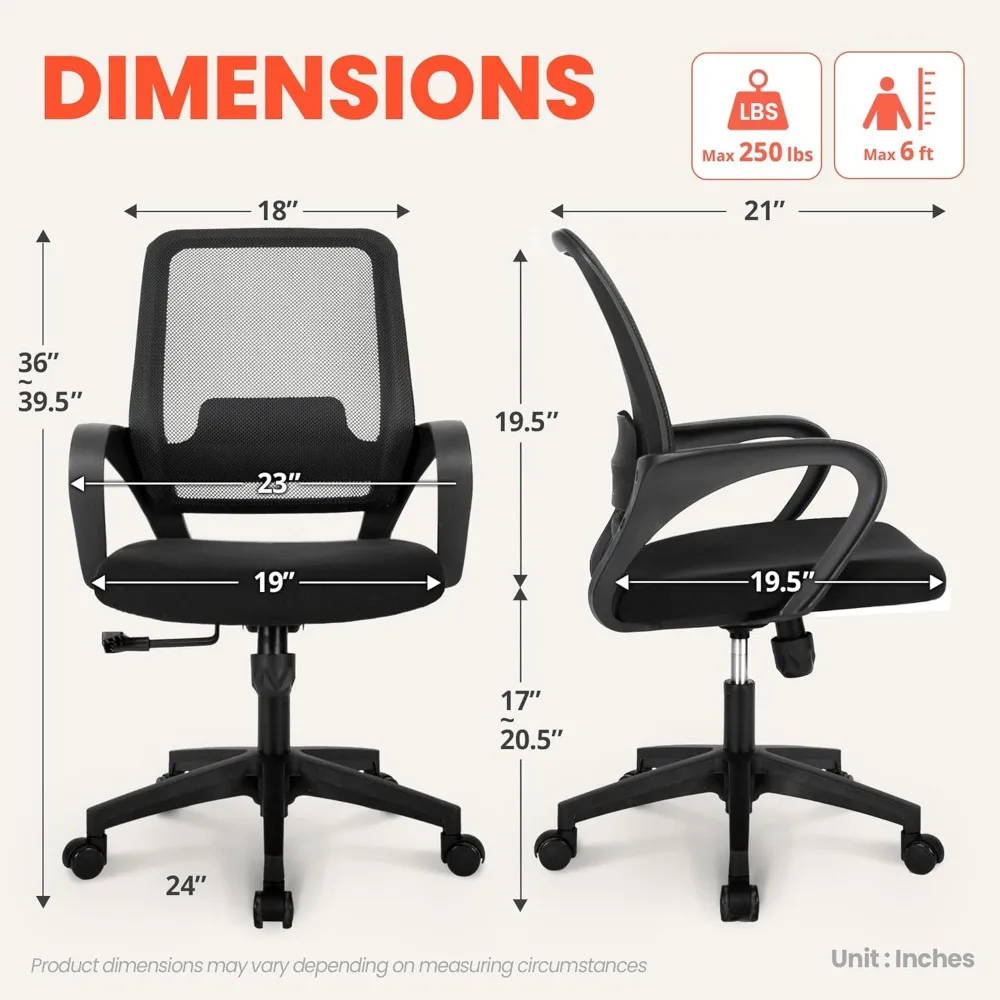 Office Desk Ergonomic Mesh Computer Chair with Lumbar Support Adjustable Height Swivel Rolling Wheels Comfy Mid Back Task Chair