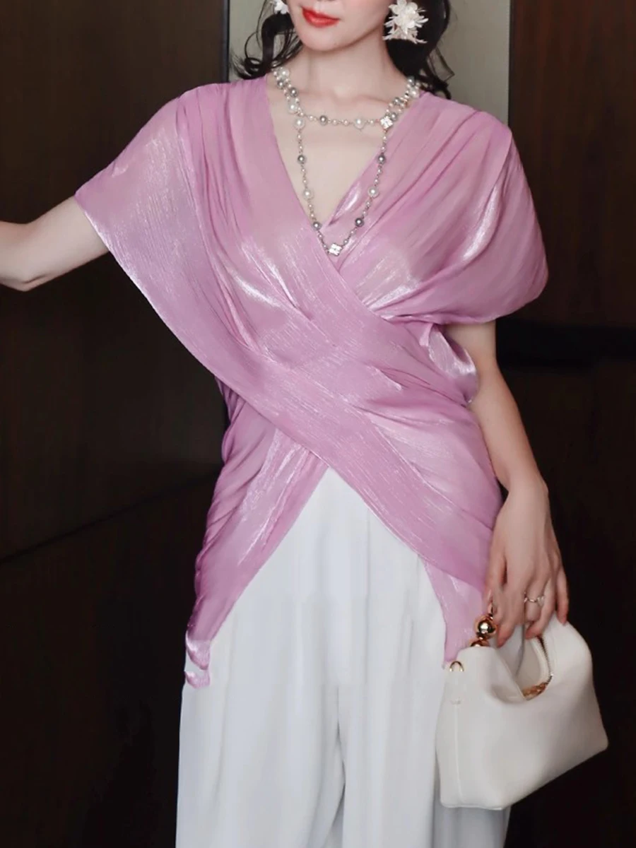TWOTWINSTYLE Slimming Sheer Spliced Folds Elegant Blouses for Women V Neck Sleeveless Tunic Fashion Blouse Female Clothing New
