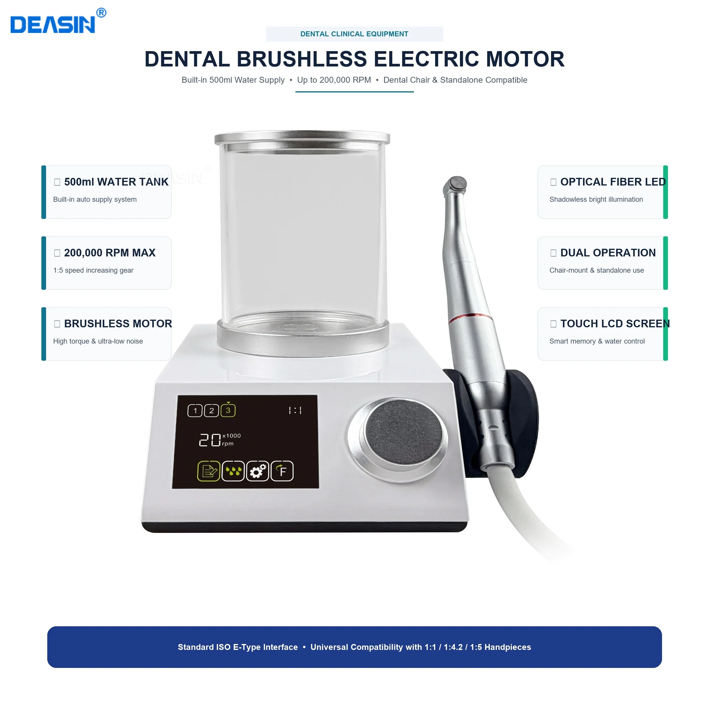 Dental Electric Motor with Built-in Water Tank LED Brushless Micromotor 1:1 1:4.2 1:5 ISO E-Type Touch Screen Dental Equipment