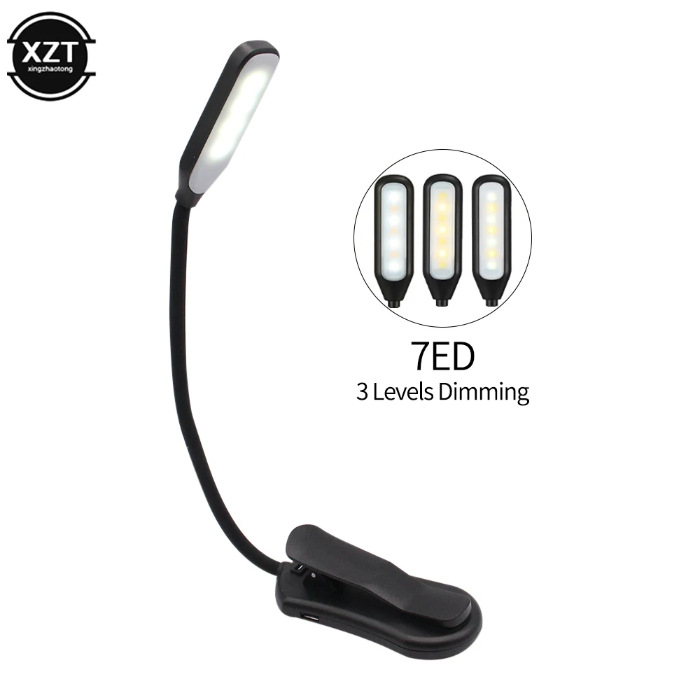 USB Rechargeable Book Light Mini 7 LED Reading Light 3-Level Warm Cool White Flexible Easy Clip Lamp Read Night Reading Lamp