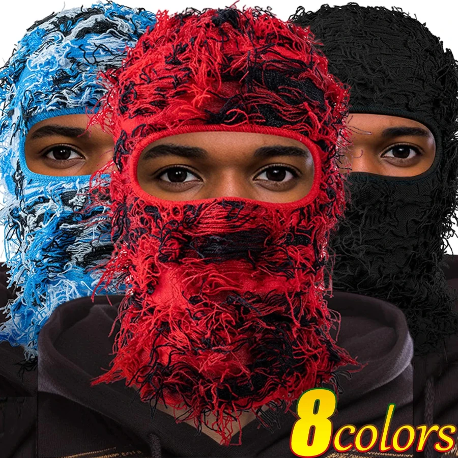 Balaclava Distressed Knitted Caps Hip Hop Full Face Ski Mask Women Outdoor Camouflage Fleece Fuzzy Ski Balaclava Beanies Men Hat