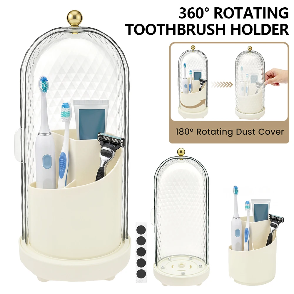 360° Rotating Toothbrush Holder 3 Slot Toiletry Storage Rack with Cover Dustproof Electric Toothbrush Organizer for Bathroom