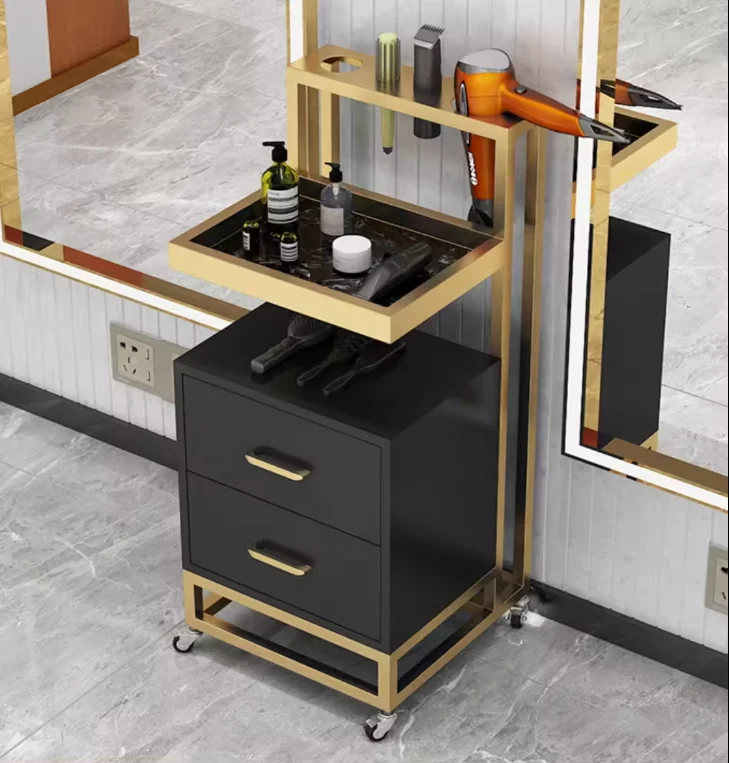 

High-quality Barber Shop Furniture Stainless Steel Styling Salon Tool Beauty Hair Salon Side Trolley with Wheels and Drawers