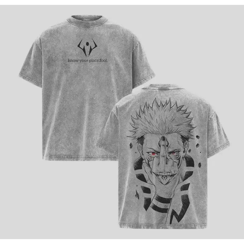 Su Nuo Washed T-Shirt, Retro Anime T-Shirt im Pickled-Stil, Oversized – Gothic-Muster T-Shirt für Herren und Damen