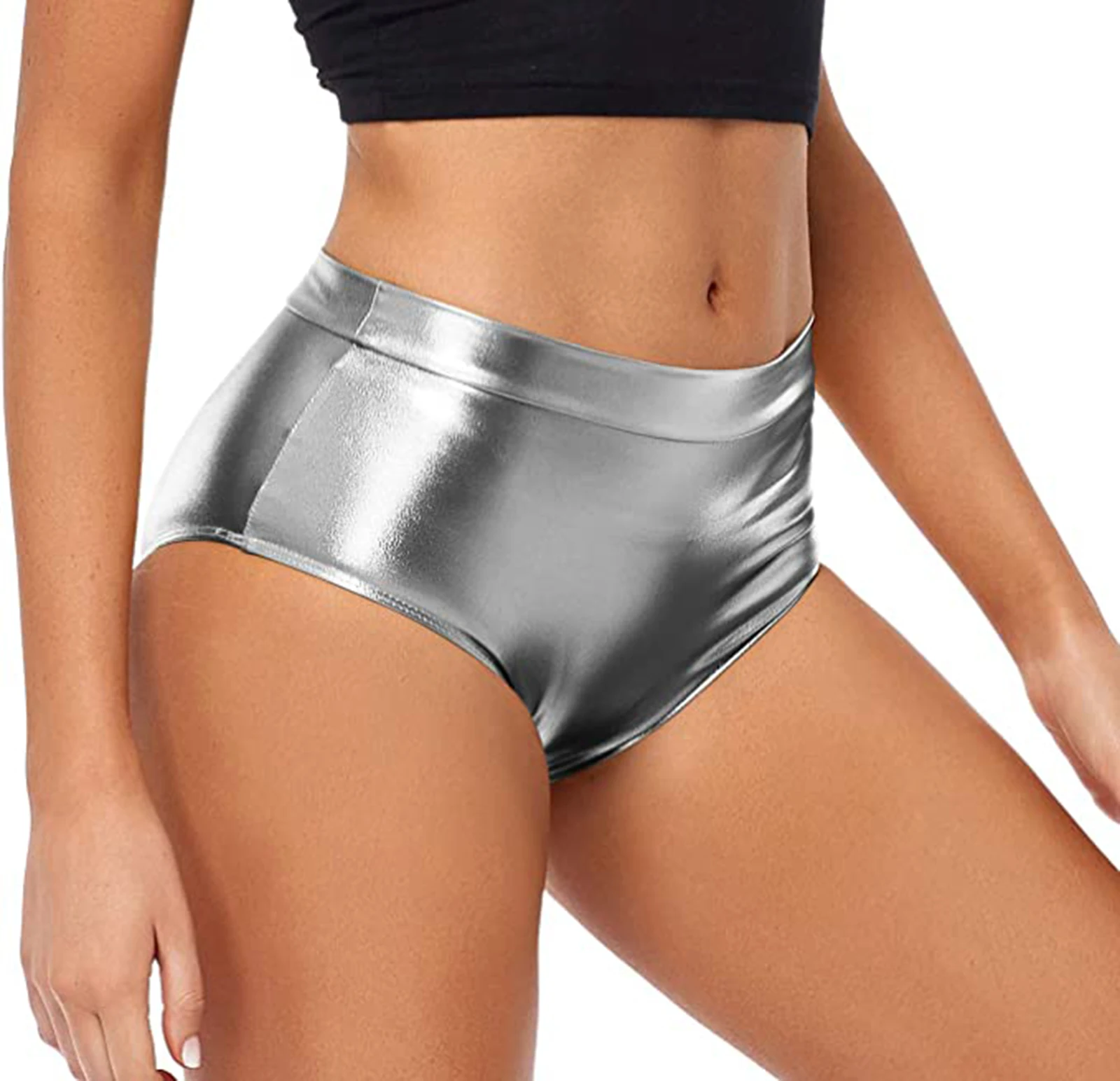 

Speerise Shiny Metallic Mid Waisted Booty Shorts Women's Spandex Cheeky Ballet Dance Festival Rave Jazz Bottoms Club Costume