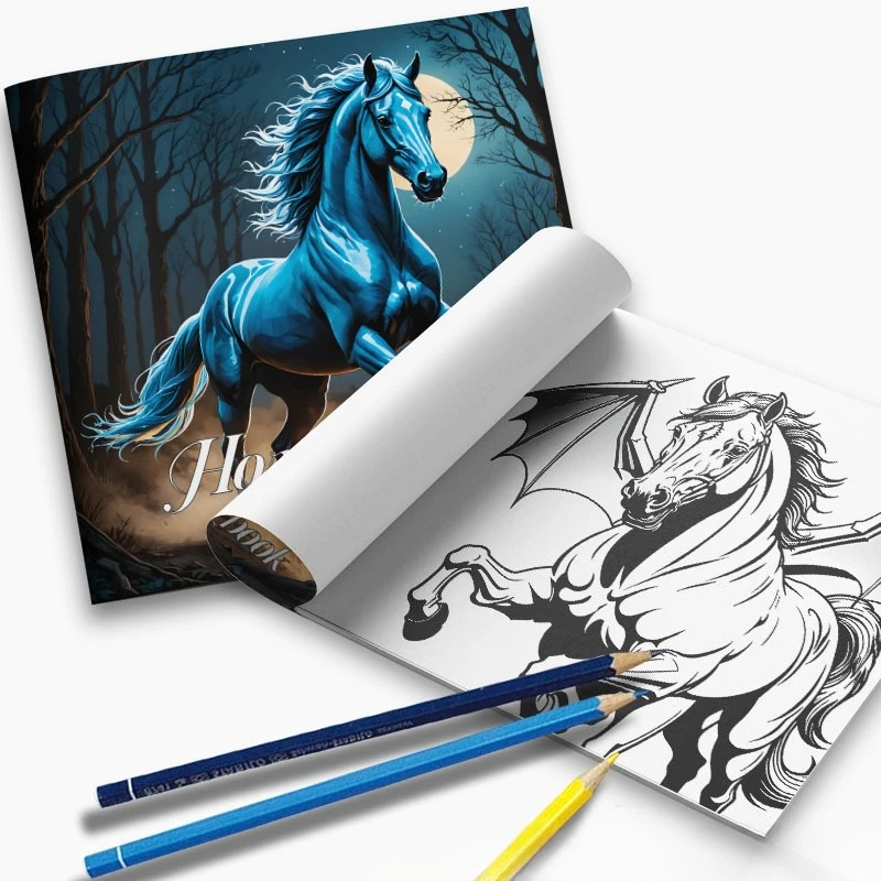 Livre de coloriage Horse World : Cheval majestueux de minuit dans la forêt – Livre de dessin anti-stress sur les animaux