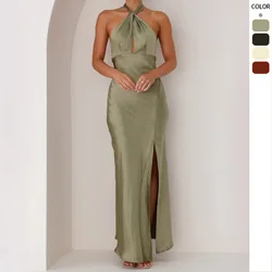 Elegant Women's Party Dresses 2025 Summer New  Sexy Hanging Neck Split Long Smooth Long Dress For Women Vestidos Para Mujer