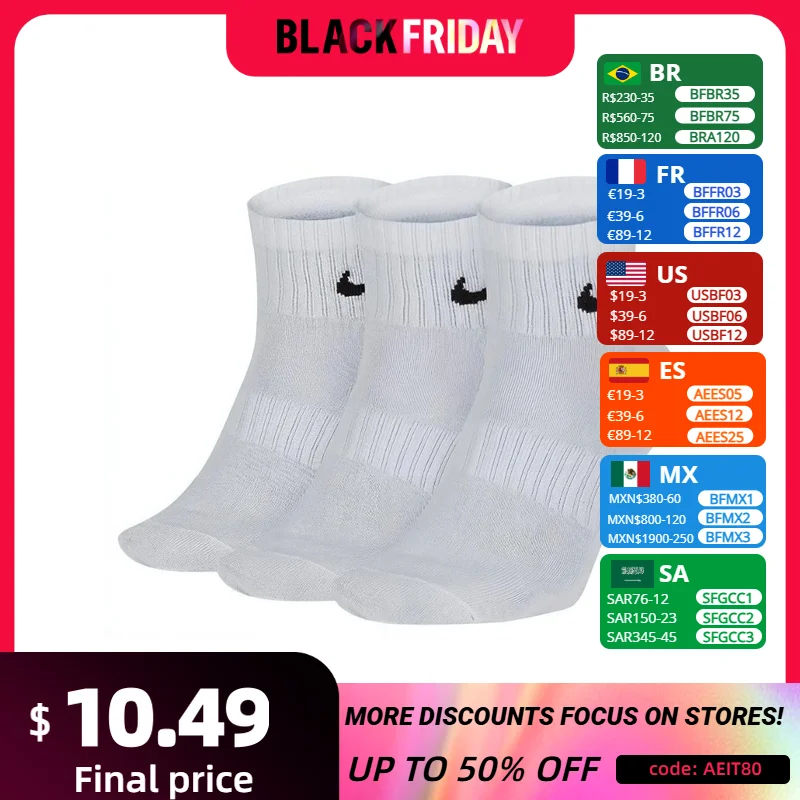 Nike Everyday Lightweightcrew Unisex Sports Socks Men's and Women's 3 Pairs Stockings for Athletic Training S M L XL SX7676