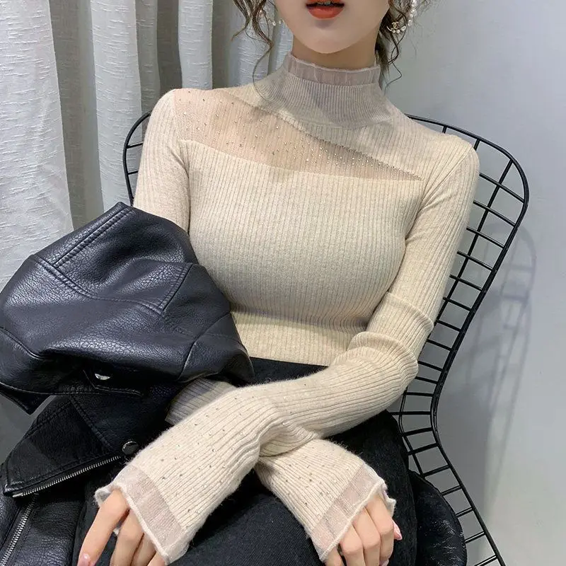 Women Autumn Lace Mock Neck Fashionable Slim Bottoming Shirt Women Clothes Fashion Hollow Out Long Sleeve Pullover Knittin Tops