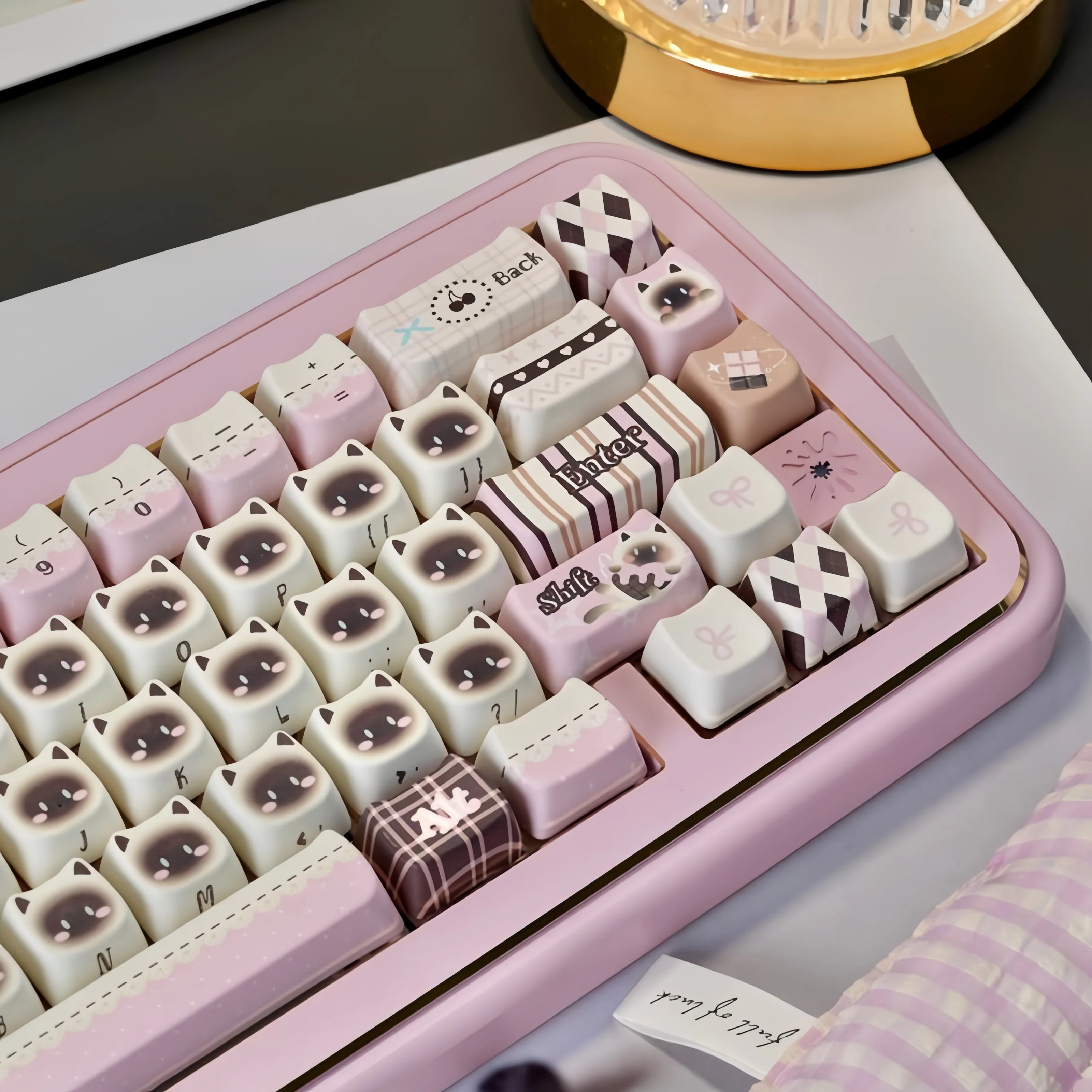 MAO Profile Cat Head Custom Keycap Set 130 Keys Pink Cat Five Side Dye Sublimation PBT Keycaps for MX Switch Mechanical Keyboard
