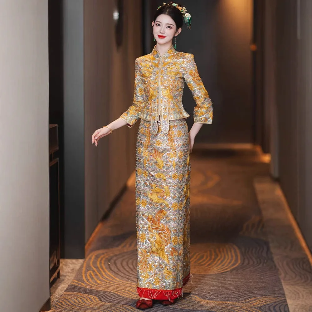 

Chinese Style Traditional Bride Bridegroom Wedding Dresses Ancient Red Phoenix Choengsam Vestidos Qipao