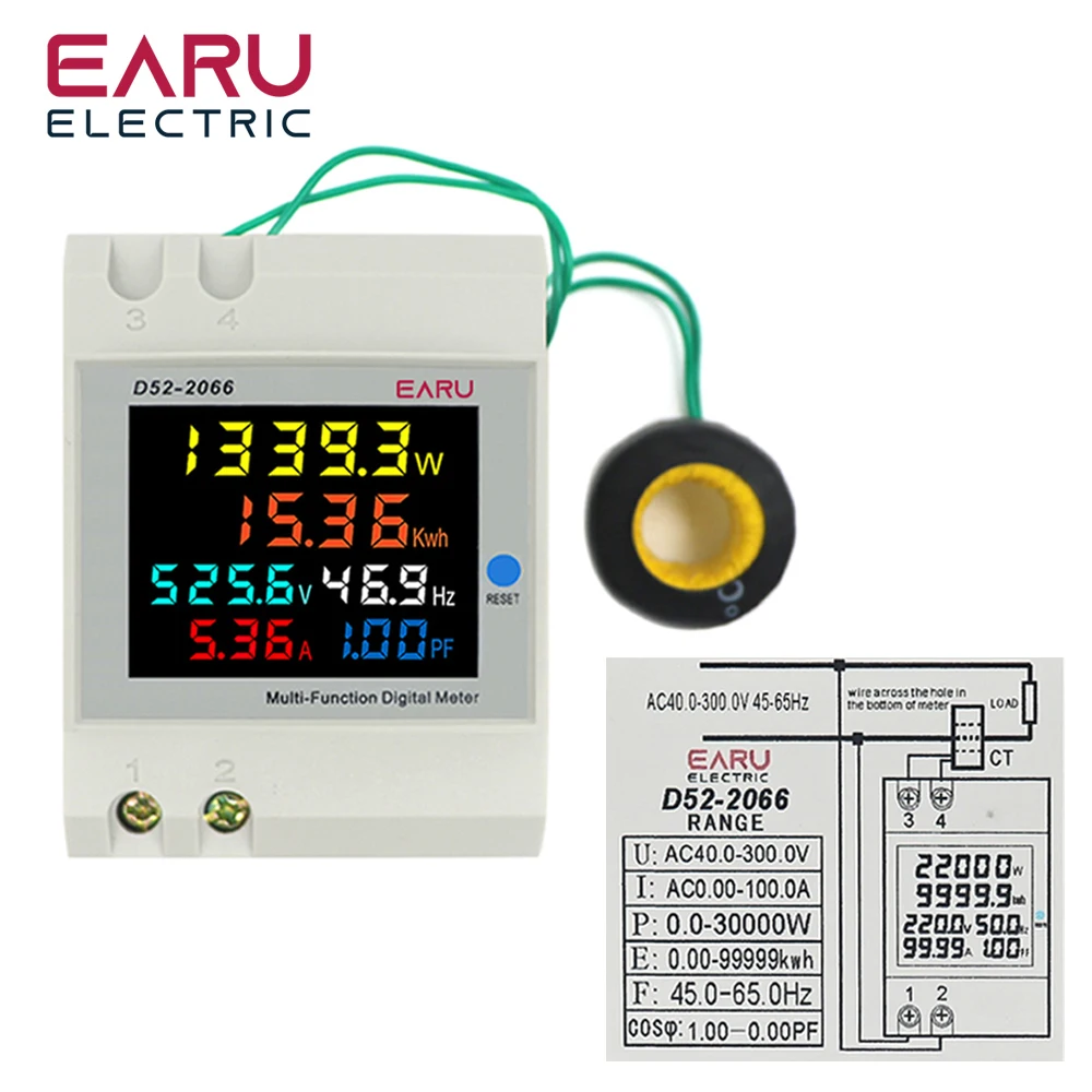 Imagem -06 - Medidor de Frequência da Energia Elétrica 6in Trilho do Ruído Monitor da C.a. Corrente da Tensão Poder Factor Ativo Kwh D522066 110v 220v 380v 100a