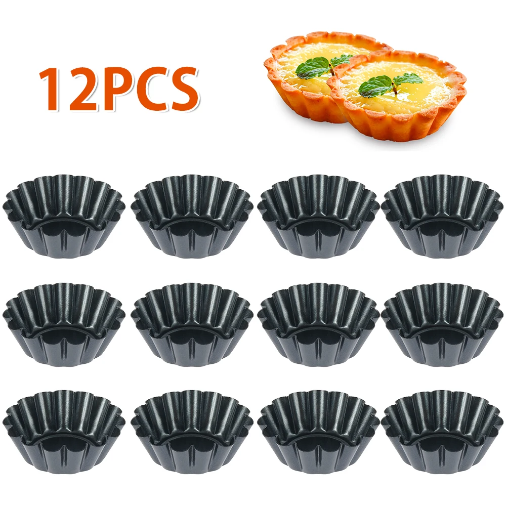 12Pcs Egg Tart Mold Reusable Pudding Mold Non Stick Carbon Steel Cupcake Cake Mold Heat Resistant Cookie Mold Baking Cup