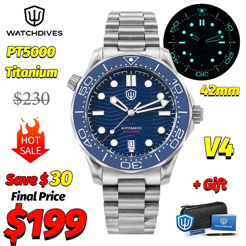 Watchdives WD007 V4 007 NTTD 기계식 티타늄 시계 42mm 자동 PT5000 사파이어 200M 방수 럭셔리 남성용 선물