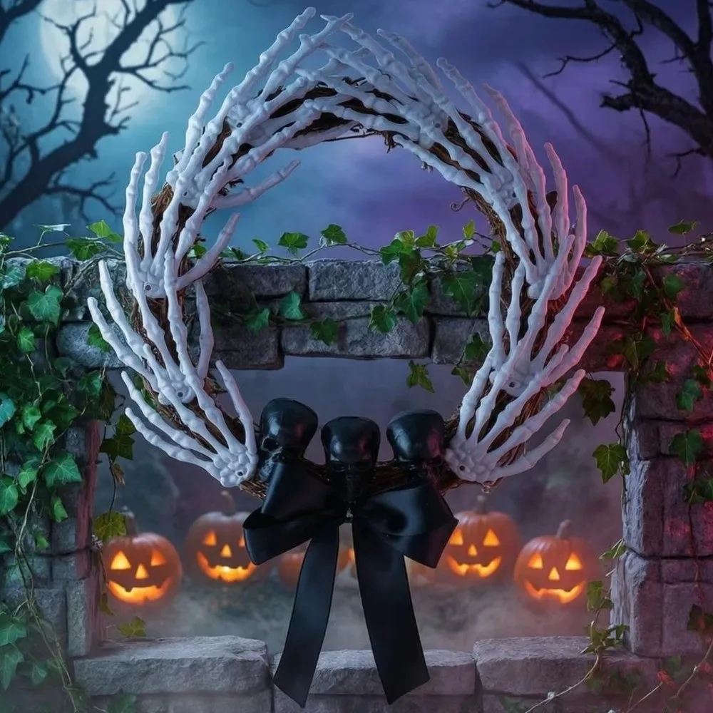 Dark Style Halloween Skeleton Hand Wreath White Bones Black Ribbon Halloween Artificial Wreath Black Bow Hand Bone Door Hanging