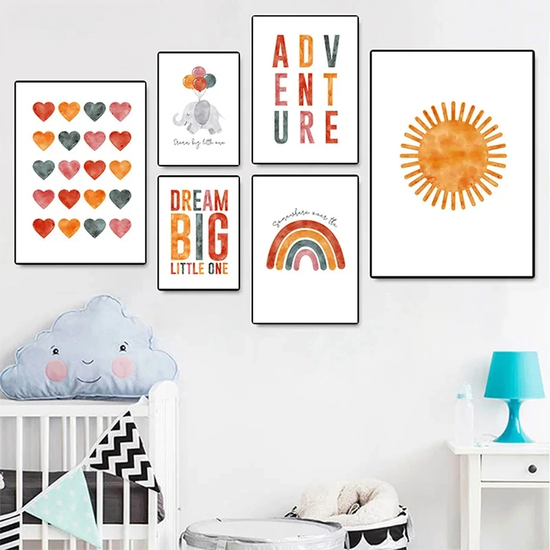 

Watercolor Rainbow Sun and Heart Posters, Big Wall Art, Canvas Painting, Child Picture, Baby and Kids Bedroom Decor, Dream