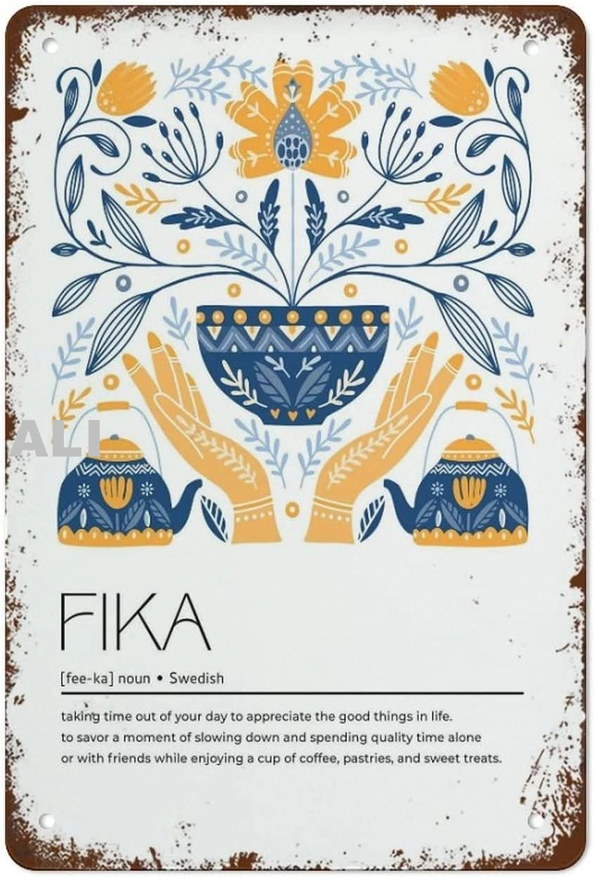 Fika Definition, Scandi Style Folk Art Print, Nordic Decor, Swedish Word Home Decor Metal Signs Tin Sign Vintage Wall Funny sign
