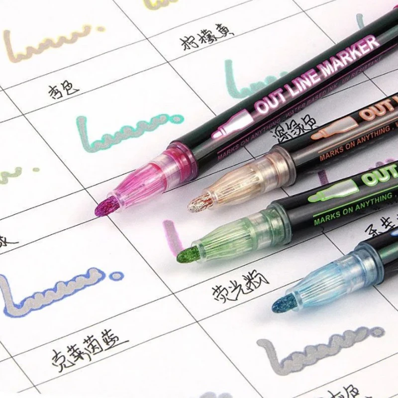 Pena garis ganda 8/12/24/36 warna, pena gambar tulis Glitter, spidol logam garis garis ganda, pena untuk menulis kartu Natal