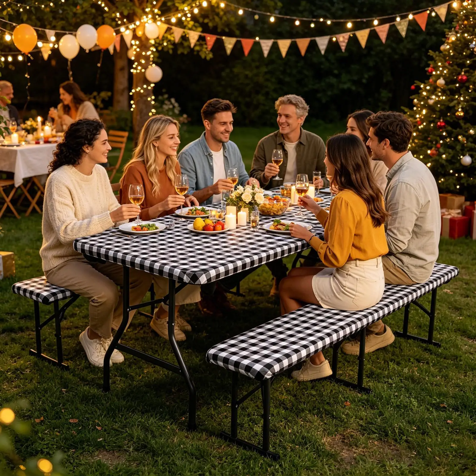 Fitted Picnic Table Cover Washable Elastic Foldable Tablecloth Picnic Table Bench Covers Kit For Camping Outdoor Gathering