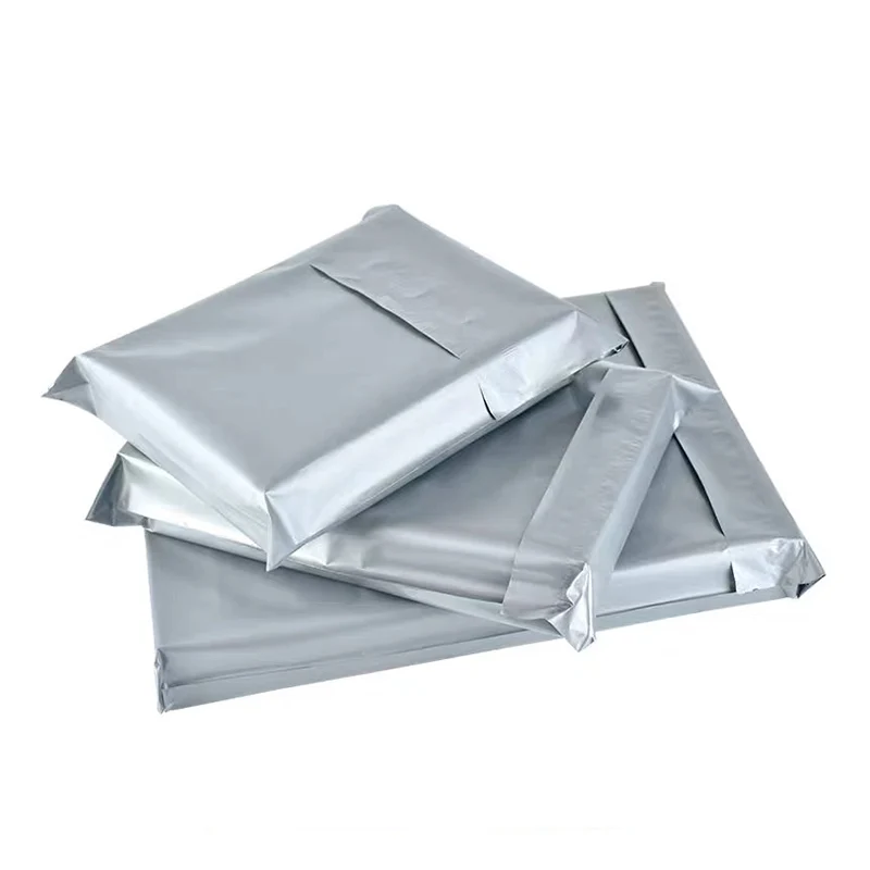 Bolsa de mensajería pequeña de polietileno para embalaje de ropa, bolsa de correo impermeable, color gris plateado, 10 piezas