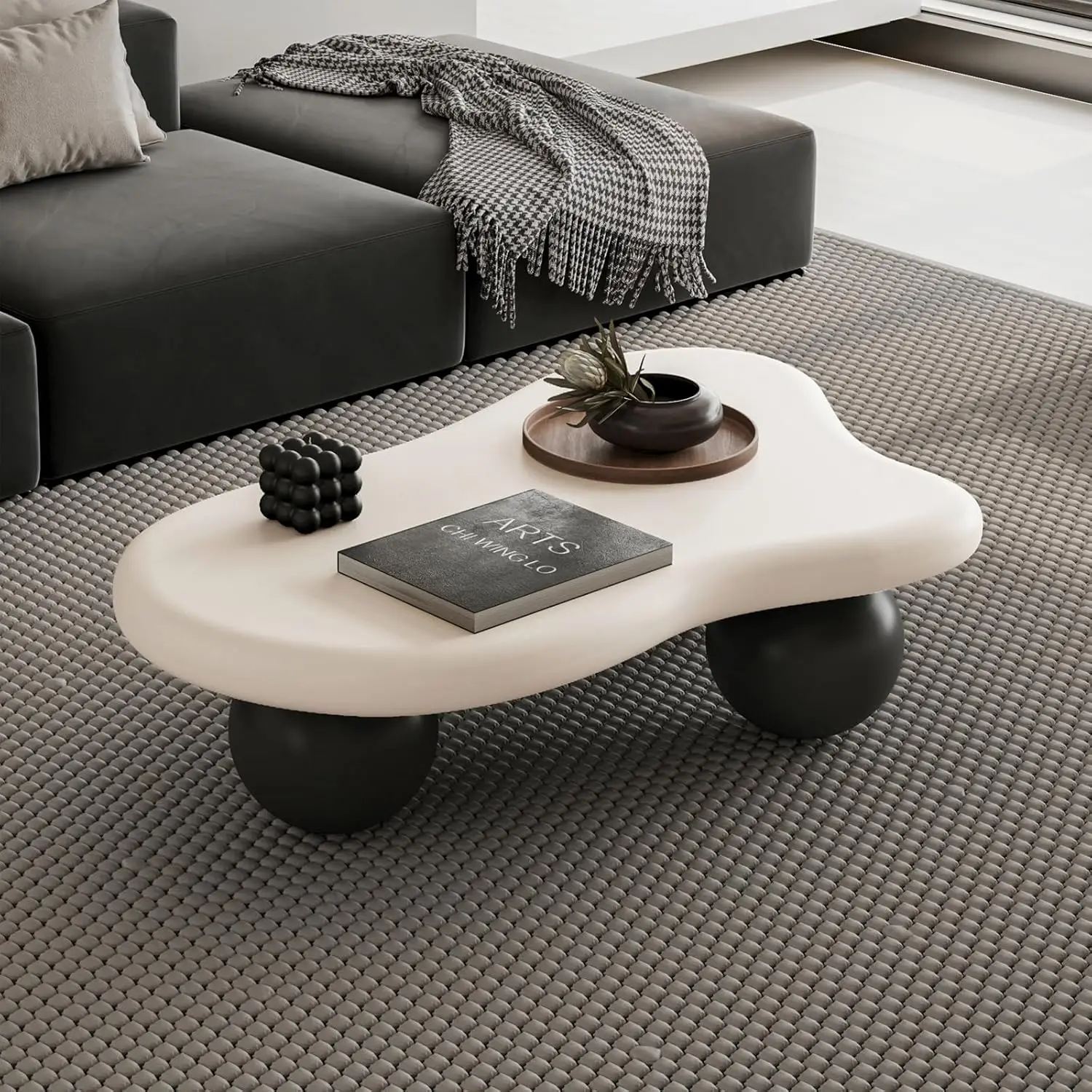 

Modern Cloud Coffee Table With 3 Ball Legs, Cute Irregular Shaped Coffee Table, Low Center Table Tea Table For Small Space Livin