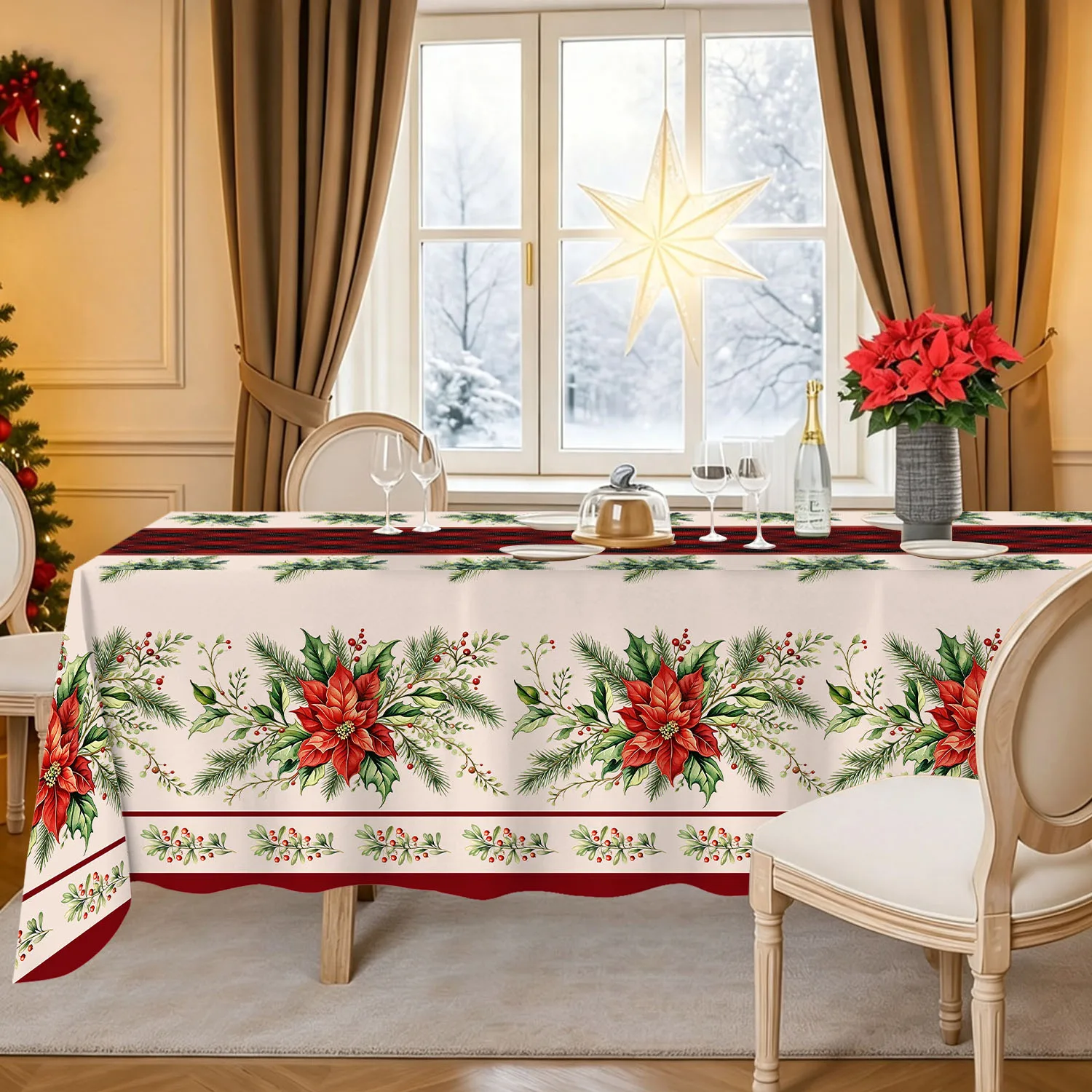 Christmas Tablecloth Rectangle Poinsettia Holly Berry Pine Branch Buffalo Plaid Xmas Winter Holiday Dinner Party Kitchen Decor