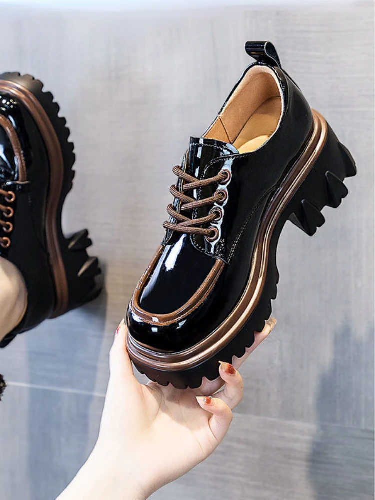 Women Shoes Patent Leather Square Toe Lace-up Thick Sole Non-slip Loafers Color Matching Versatile High Heels