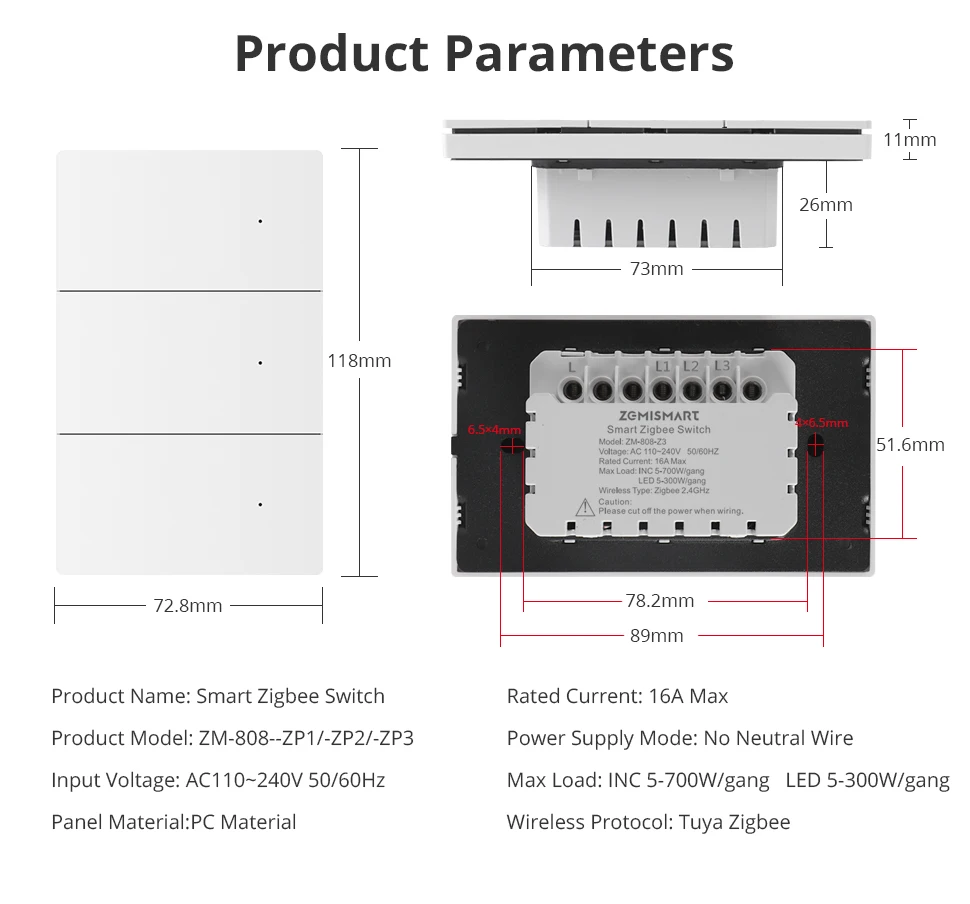 Zemismart Zigbee Smart Wandlichtschalter Ohne Neutralleiter 1 2 3 Tasten Druckknopf PC-Panel Kompatibel mit Tuya Zigbee Hub Smart Life ZM-808 – Detail 15