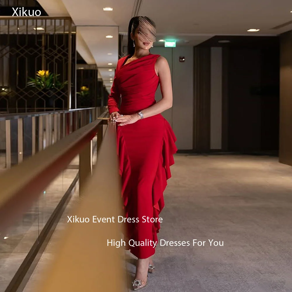 Gaun Malam Xikuo dengan Kerah Asimetris Unik, Ruffle di Bagian Bawah, Model Ruched Satu Bahu, Vestidos Para Mujer, Gaun Prom Dubai, Dapat Dipesan Sesuai Ukuran