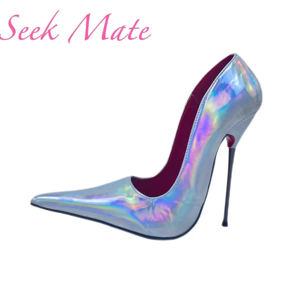 

space heel 14cm European and American customized long pointed laser high heel shoes sexy men and women black patent le