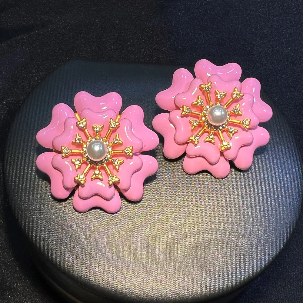 DIY accessories French vintage retro earrings enamel haute couture light luxury flowers premium feeling plated real gold marked