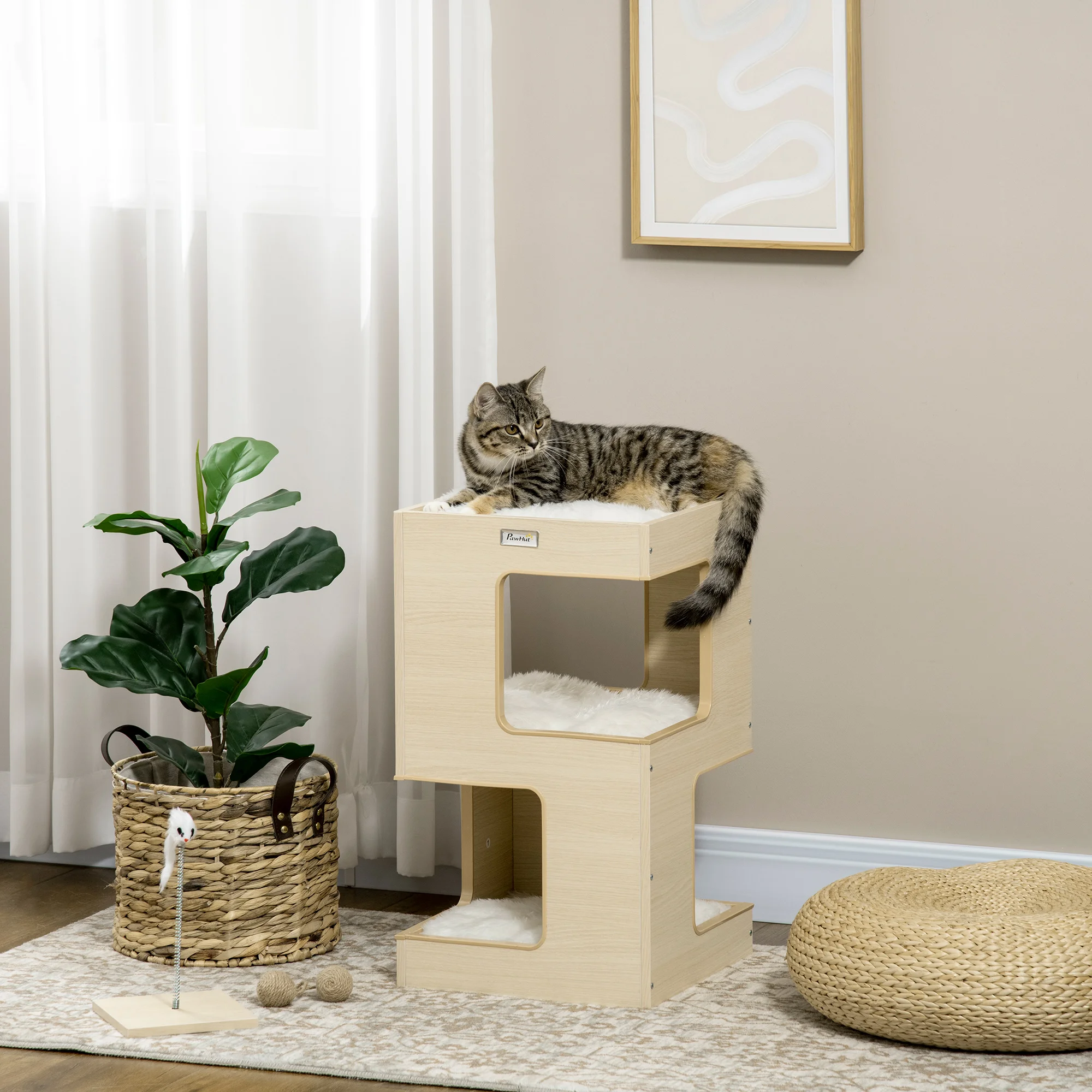 PawHut Cat Cave Cat Hut Armoire pour chat à 3 niveaux avec coussin en chêne