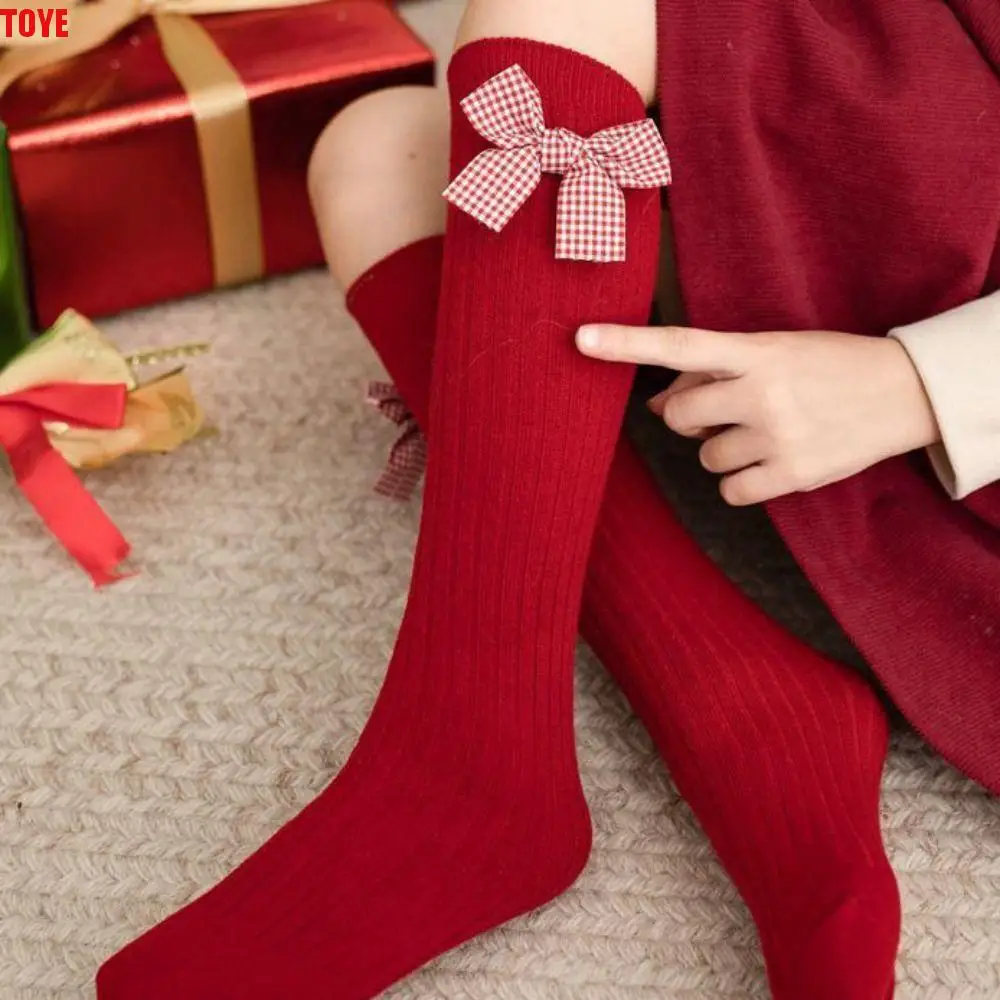 

Stripe Grid Red Bowknot Stockings Sweet Dot Bear New Year Red Socks Lolita JK Long Tube Children Knee High Socks New Year