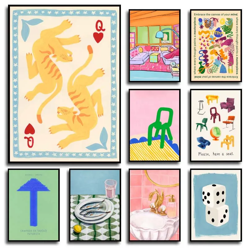 Krokodil Fisch Stuhl Sofa Bunte Leben Abstrakte Linien Poster Drucke Leinwand Malerei Wand Kunst Bilder Wohnzimmer Wohnkultur