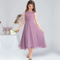 A linha quadrada chá-comprimento chiffon júnior vestido de dama de honra com arco glicínias vestido da menina de flor verão dama de honra vestido da menina