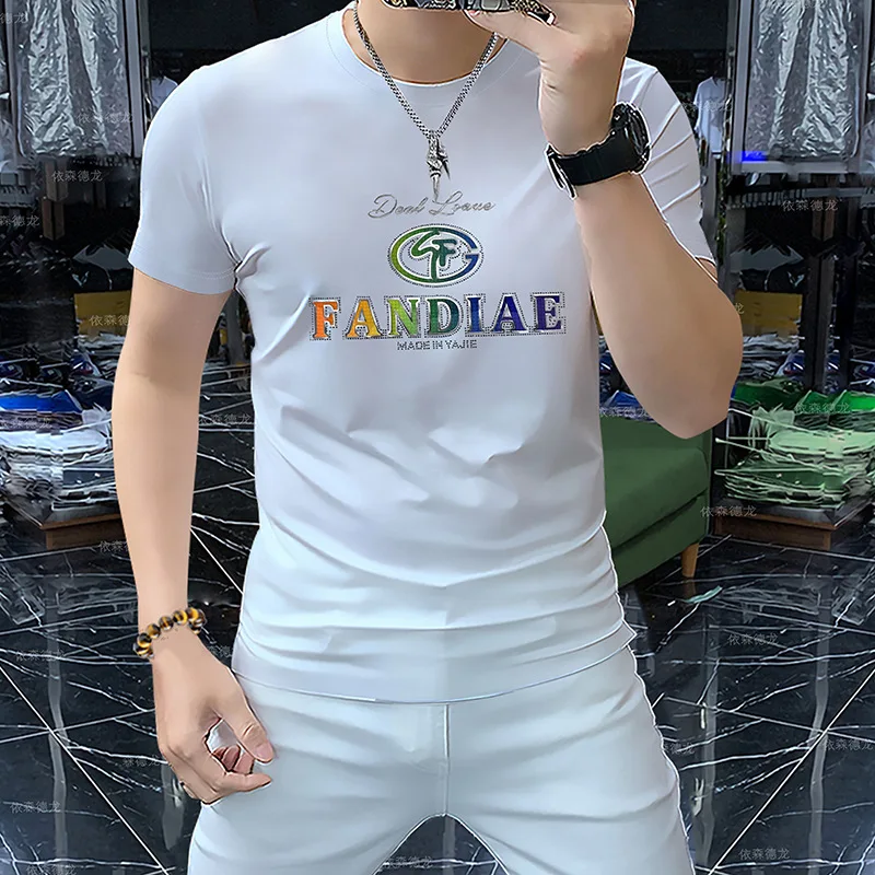 

Summer Mens Crew Neck T Shirt Fashion Silk Cotton Short Sleeved Top Multi Craft Colorful Inlaid Pattern Rhinestone Mens Clothing