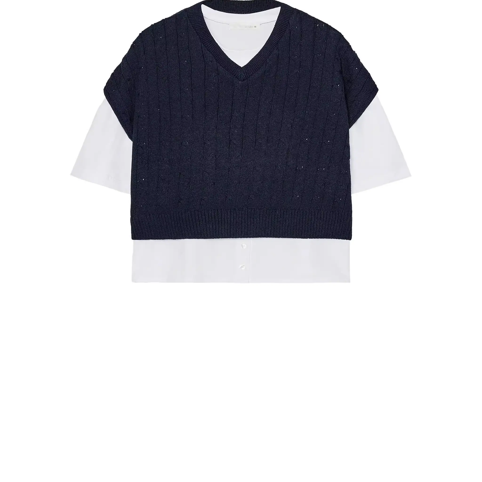 2025년 봄 여성용 면 혼방 반팔 라운드넥 베스트 티셔츠 편안한 패치워크 디자인 출퇴근 스타일 니트 탑