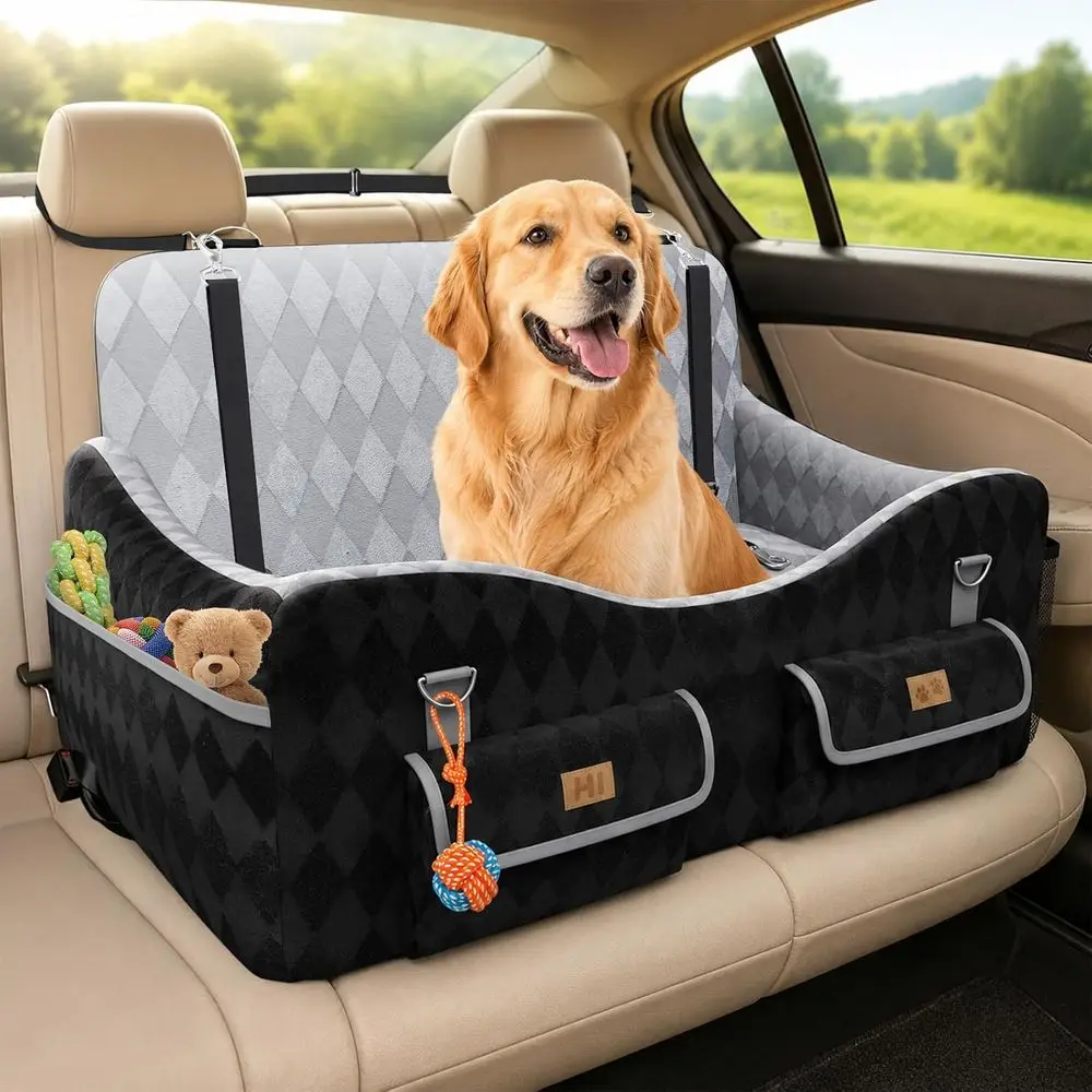 Travel Dog Car Seat for Medium to Large Dogs (Up to 55 lbs) with Memory Foam Cushion, 4 Storage Pockets, and Reversible Cover