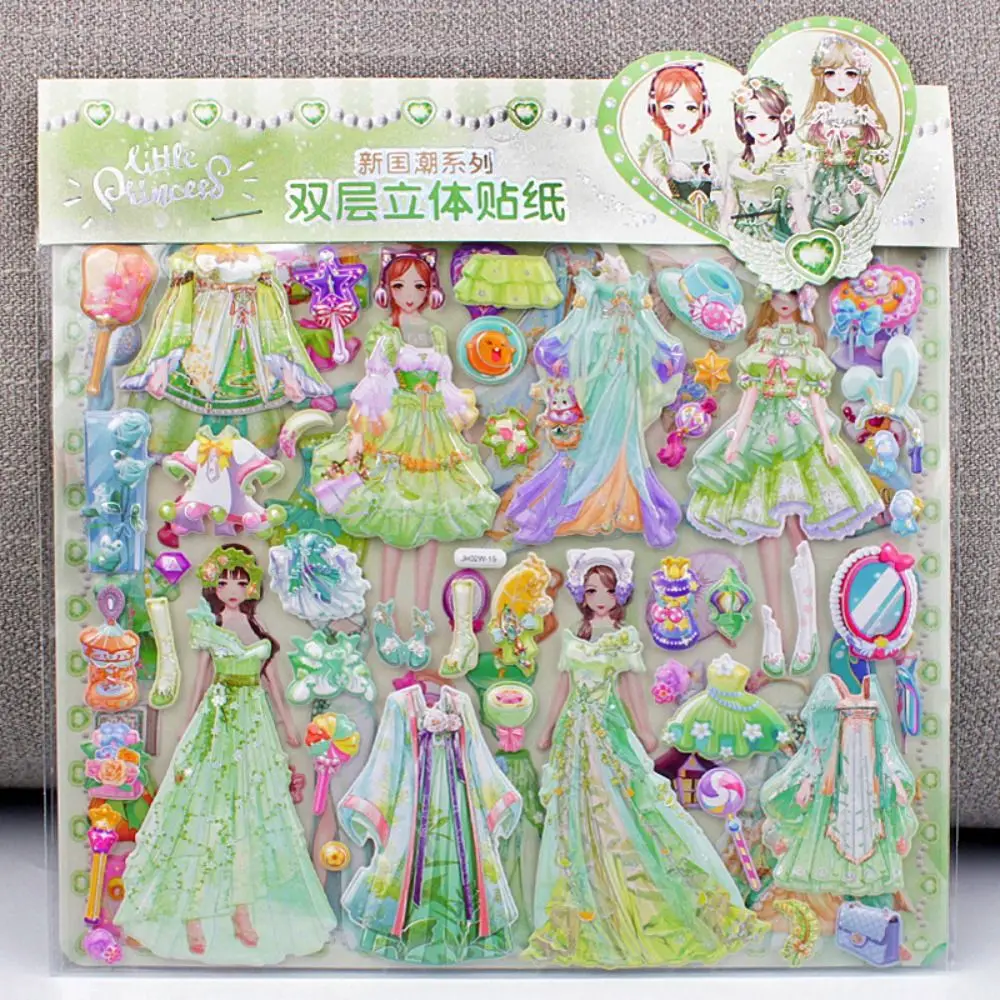 1Pcs Children Princess Dress Up Stickers Double layer 3D Puffy Lace Skirt Handmade Girl Change Clothes Stickers Toys Xmas Gifts