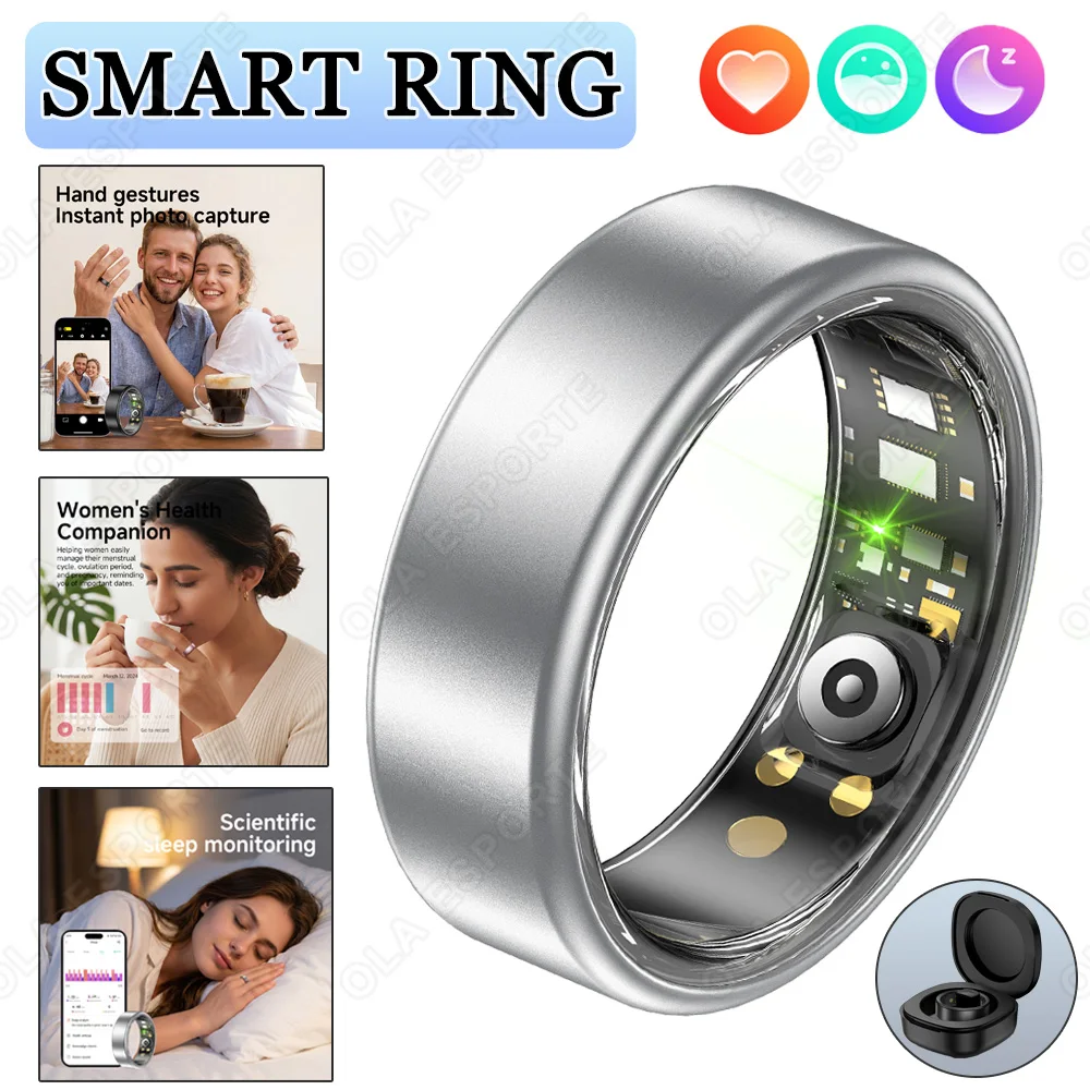 Neuer Smarter Ring Ola Esporte Farbenfroher Vollgrößen-Ring 6-14 Herzfrequenz Blutdruck Gesundheits-Smartring Fotoaufnahme Wasserdichter Ring mit Etui