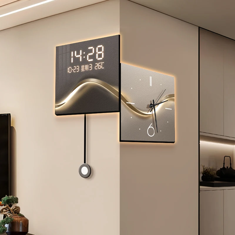 Home Decor Rear LED Light Corner Wall Clock Home Living Room Decorative Corner Double Sided Clock Digital and Analog Clocks