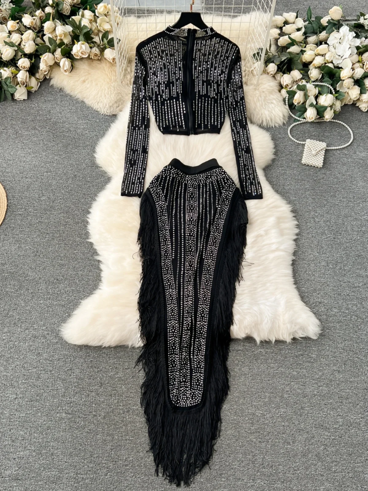 Women Sexy Club Party Two Piece Set Spring Autumn Long Sleeved Crop Top Rhinestone Stamping Slim Tassel Irregular Skirt Suits