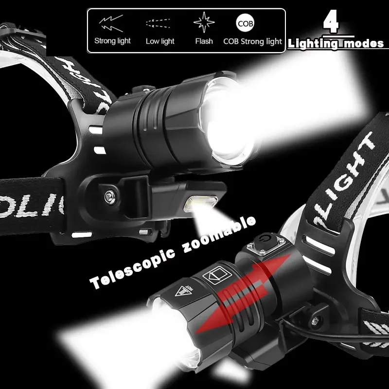 충전식 헤드 손전등 헤드 램프 토치 라이트 낚시 램프, 강력한 LED 헤드라이트, XHP100, 18650, XHP90